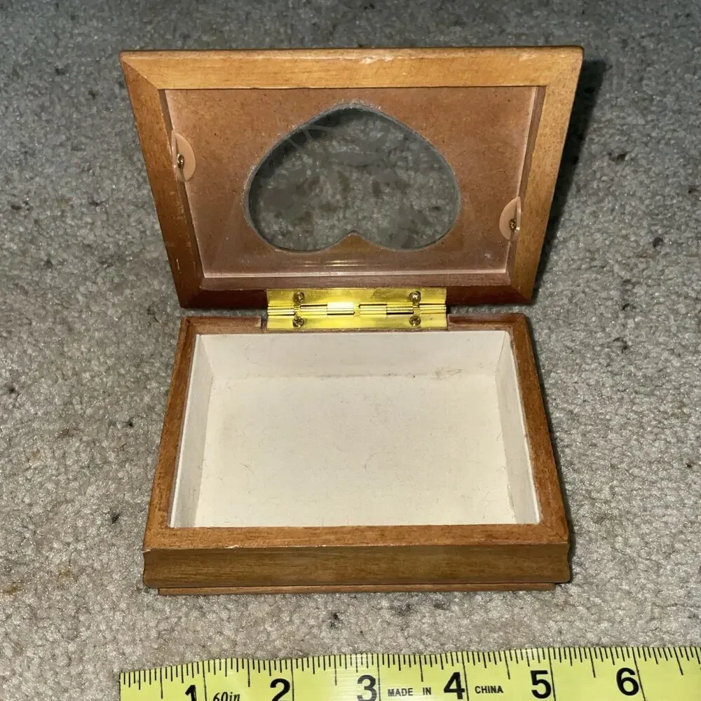 Cottagecore Wood Jewelry Trinket Box Oak Rectangle Heart Glass Floral